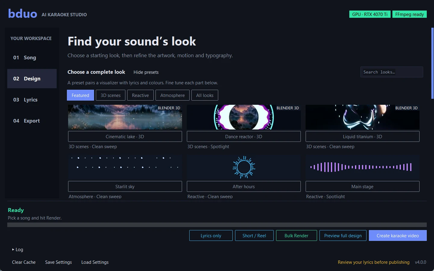 Bduo Design workspace: a gallery of complete looks including Blender 3D scenes